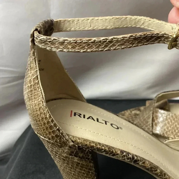 RIALTO WO SIZE 9.5 BROWN SNAKESKIN-ANKLE STRAP 4” THICK  HEEL OPEN TOE SHOE - Picture 5 of 13